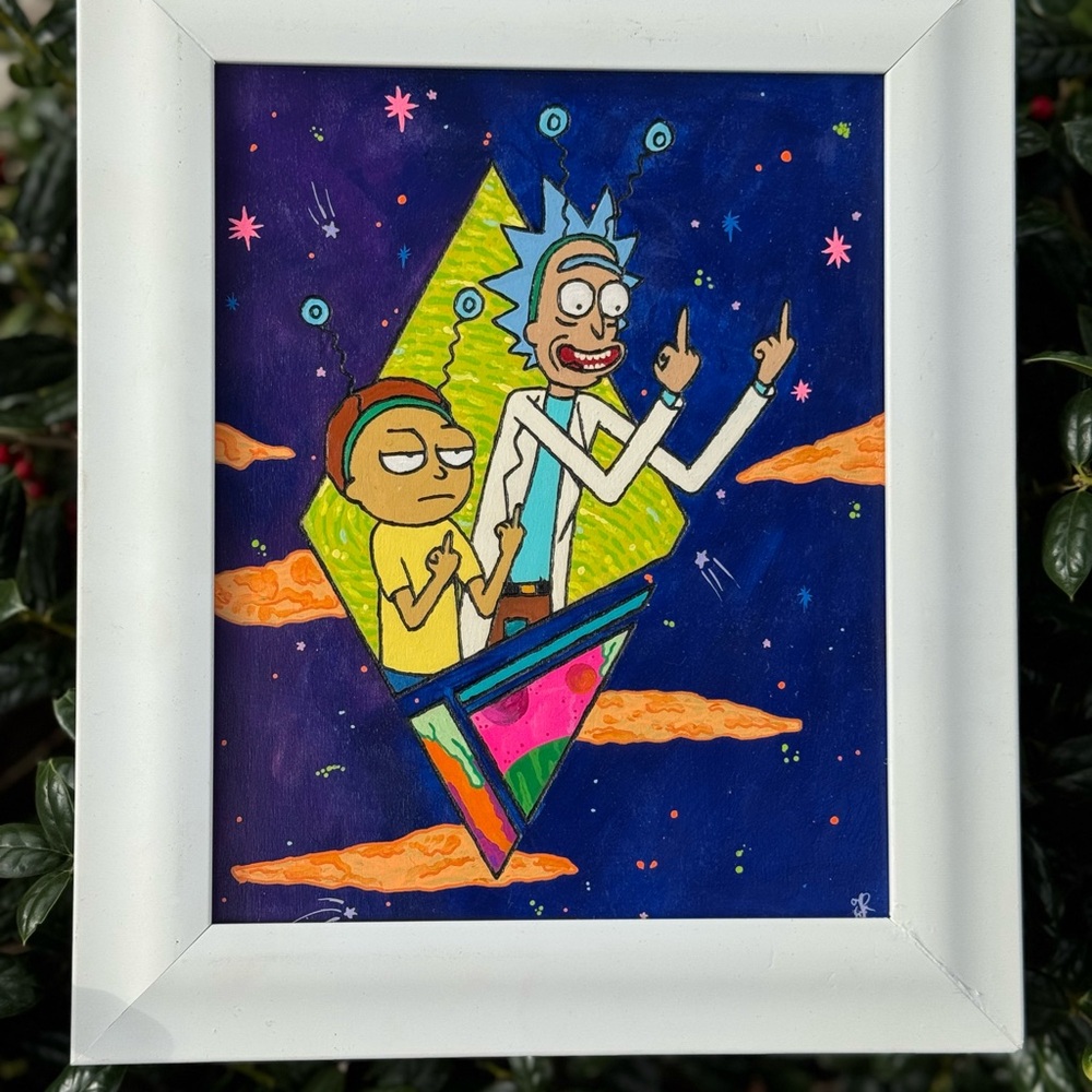 Vibrant Rick and Morty Cartoon Art Painting in White Frame